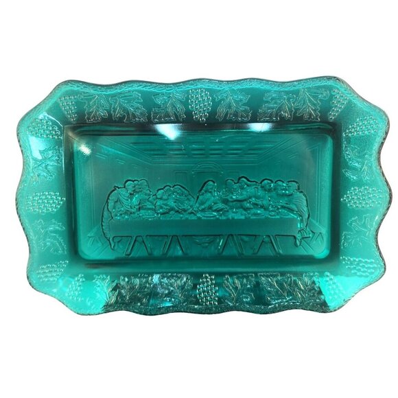 Vintage Indiana Tiara Glass Green Bread Plate With Last Supper Design - Picture 4 of 8
